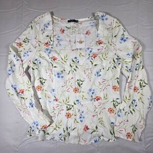 Pineapple Floral Square Neck Long Sleeve Peplum Top White Pink Blue XL NWT